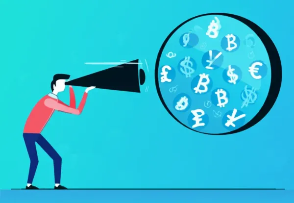 Person looking at stock market symbols through a telescope