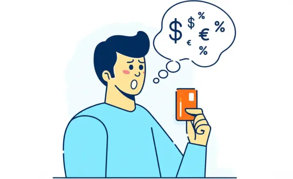 Person pondering financial queries with credit card in hand