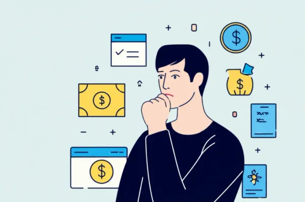 Person contemplating investment options surrounded by graphs and money symbols
