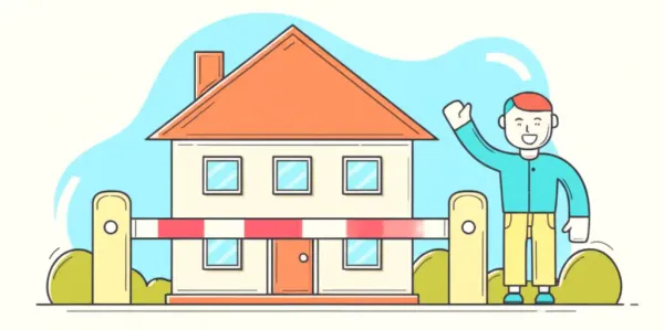 A cartoon-style image of a house protected from PMI with a happy homeowner.