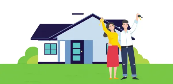 A couple smiling with their new house keys in front of a home