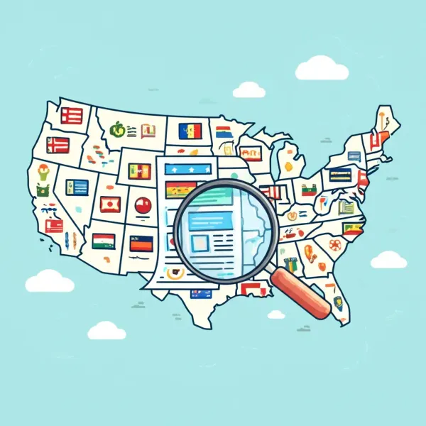 A map with state flags and a magnifying glass focusing on loan documents