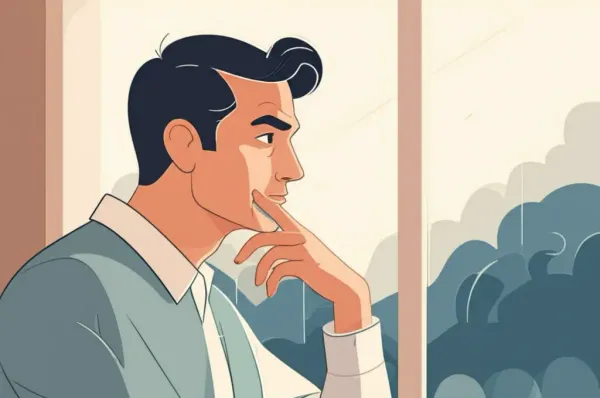 A middle-aged man looking out a window, pondering.