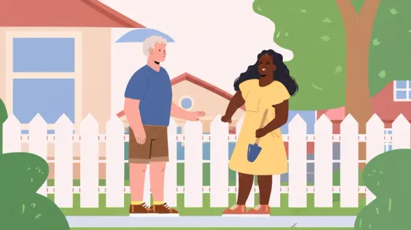 Illustration of two neighbors discussing homeownership issues over a fence