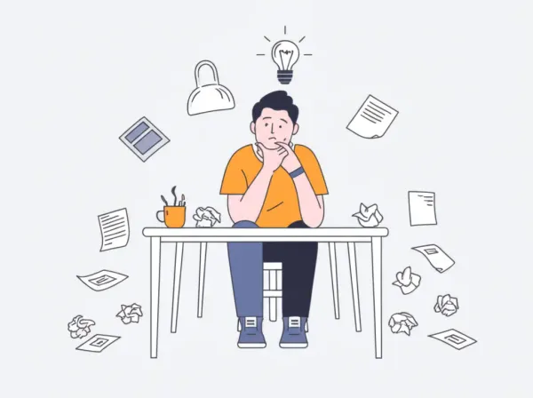 A person at a desk having a moment of inspiration.