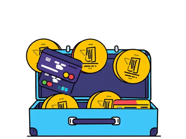 Illustration of a suitcase filled with travel rewards and credit cards