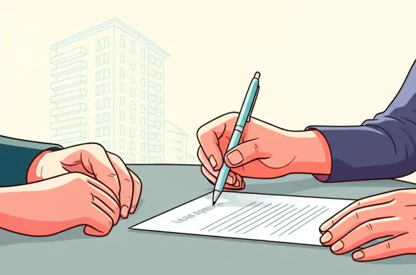 Two people signing a lease agreement with an apartment building in the background