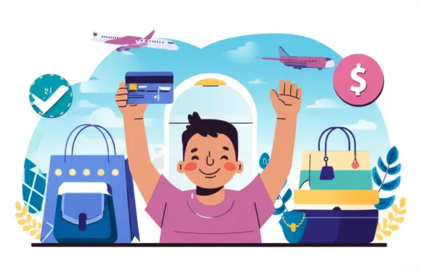 Person holding a credit card surrounded by symbols of rewards.
