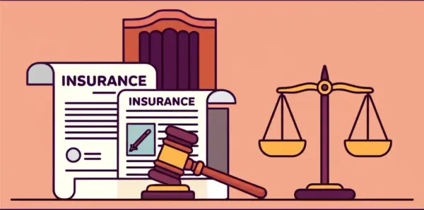 A courtroom scene with scales of justice and insurance documents