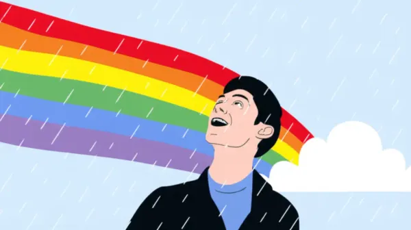 Person surprised by a rainbow after a rainstorm