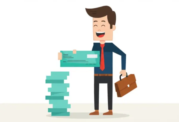 Illustration of a happy office worker receiving a paycheck