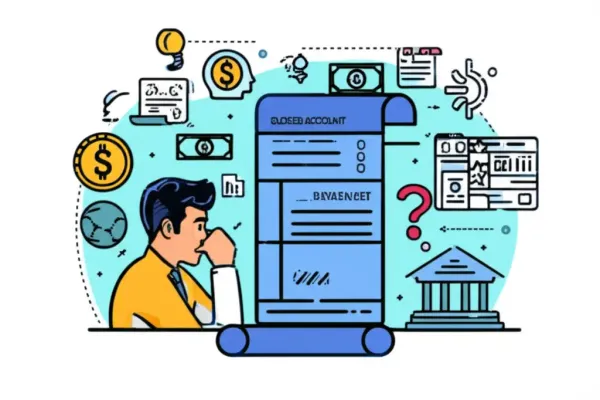 Person thinking about closing a bank account with financial symbols