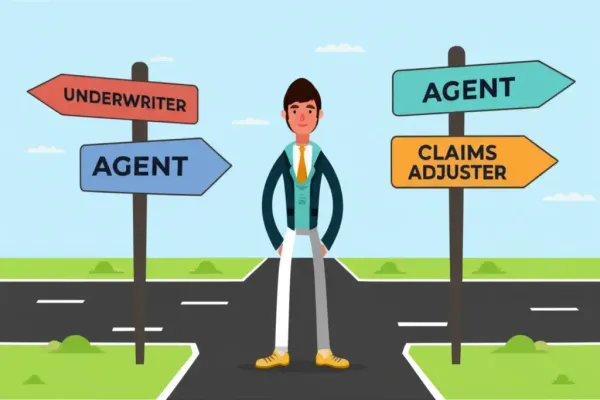 Person standing at crossroads with career paths in insurance
