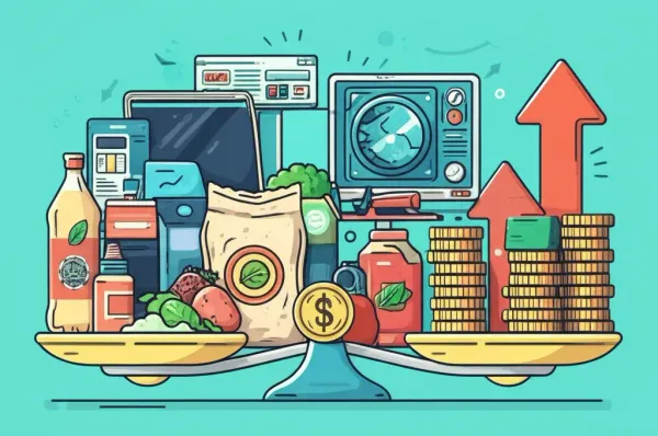 Illustration of consumer products with a balancing scale for tariffs