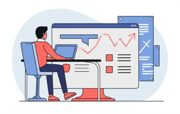Illustration of a person studying financial charts showing upward trends