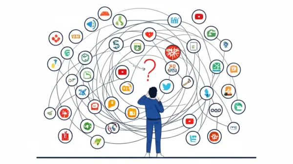 Cartoon illustration of a person navigating a web of subscriptions