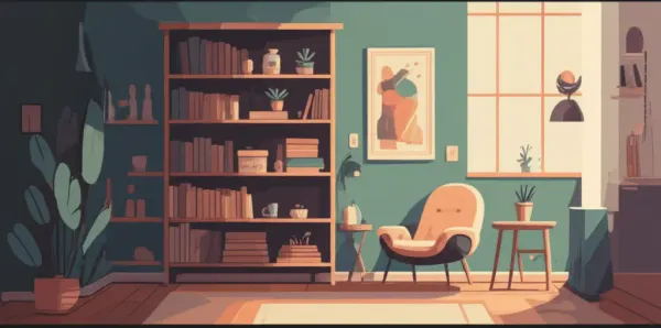A tidy and serene minimalistic room in cartoon style