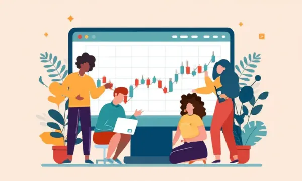 A diverse group analyzing a stock market graph