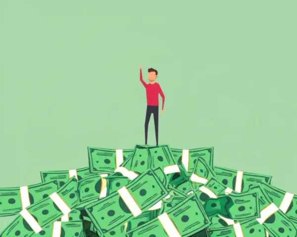 A cartoon-style image of a person standing on a pile of money, symbolizing financial success.