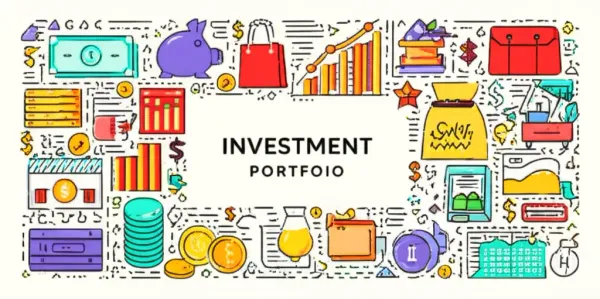 Cartoon-style illustration of a diverse investment portfolio featuring stocks, real estate, and bonds