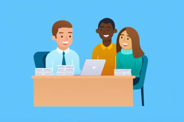 Cartoon of a mortgage broker with clients.