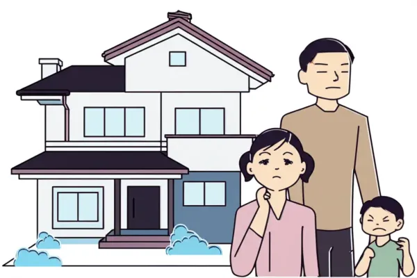 A family standing in front of a new house, contemplating purchase.