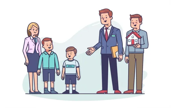 Real estate agent showing a house to a family