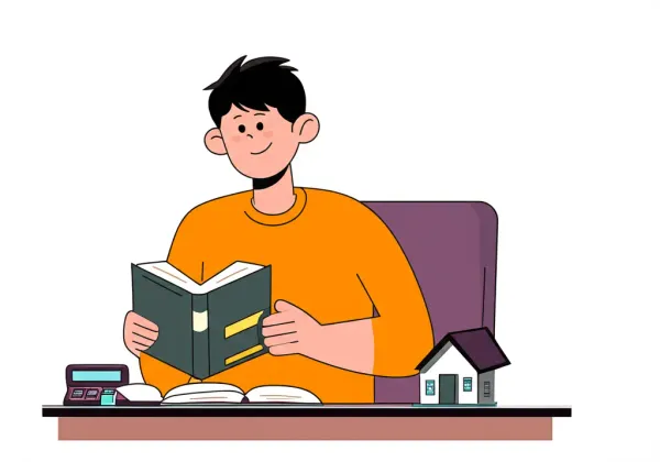 Person studying real estate books with a house model and calculator