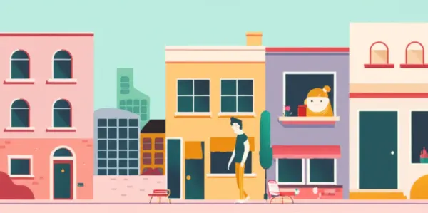 Cartoon-style illustration of a cityscape with a person admiring a small victory.