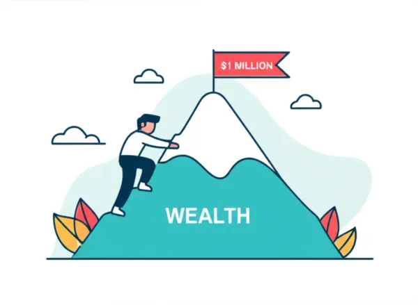 Illustration of a person climbing a wealth mountain with a million-dollar flag