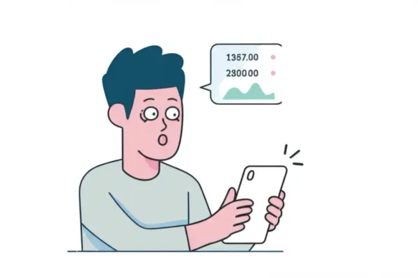 Confused character looking at bank balance on smartphone