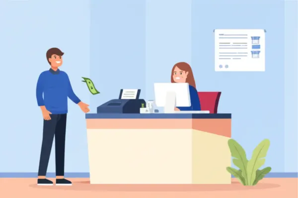 Cartoon bank teller assisting with a cash transfer