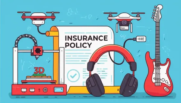 Cartoon illustration of custom equipment and insurance policy.