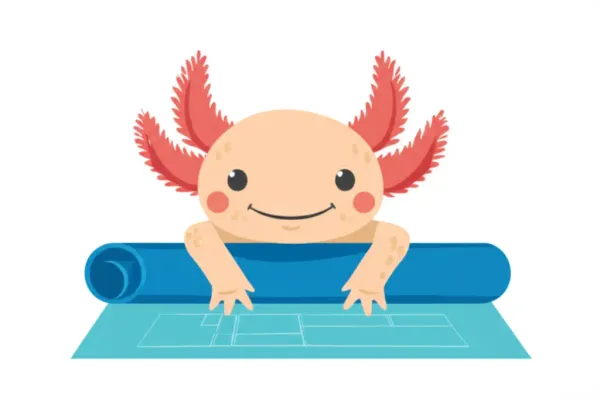 Cartoon axolotl with house blueprints to represent home repair decisions