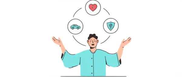 Person juggling icons for vehicle, life, and health insurance