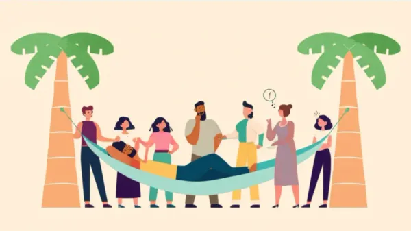 Person relaxing in hammock with others reacting