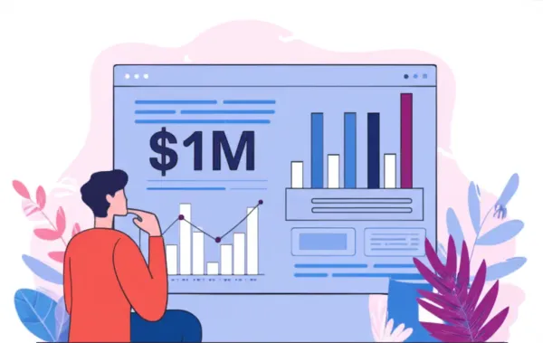 Illustration of a person looking at a financial chart with one million dollars highlighted