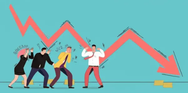 Illustration of a stock market crash with a graph and worried investors