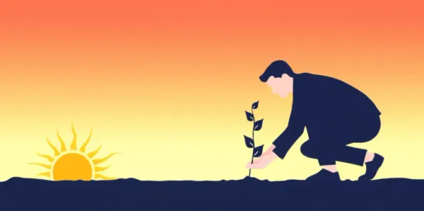 Cartoon of a person planting a wealth tree with the sun rising