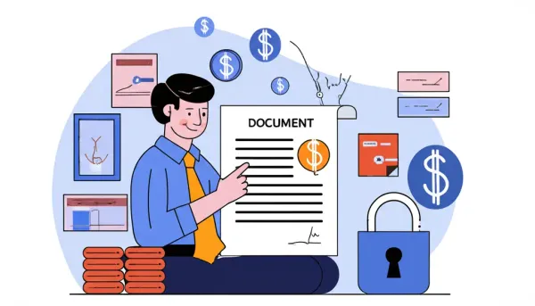 Illustration of a person reviewing a mortgage document with financial symbols