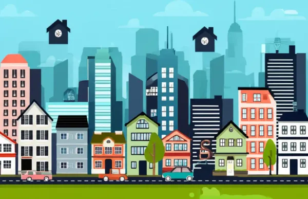 Cartoon cityscape with houses and mortgage symbols