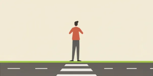 A middle-aged person at a crossroads representing life's transitions