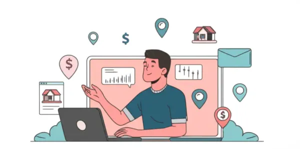 Person analyzing a property on a laptop with real estate icons