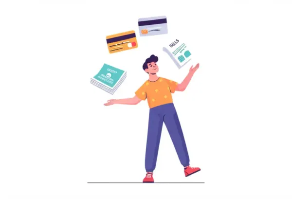 Person juggling various debt bills with determination