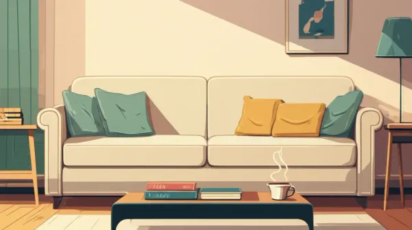 A cozy living room with warm natural lighting and simple decor.
