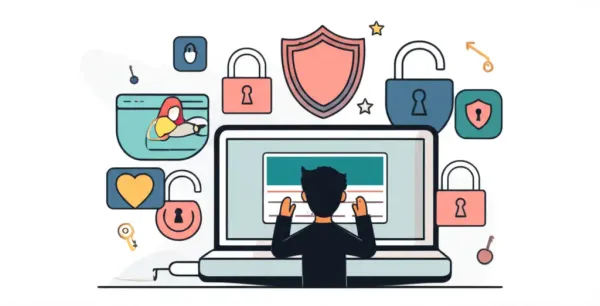 Person using a laptop surrounded by security symbols