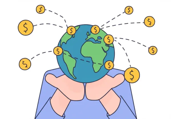 A globe with dollar signs connected by lines, representing global money transfer.