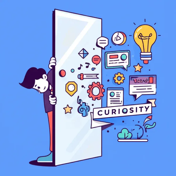 Person peeking through a door labeled 'Curiosity' with ideas floating around