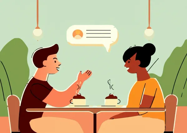 Cartoon-style conversation between two friends in a coffee shop about life insurance
