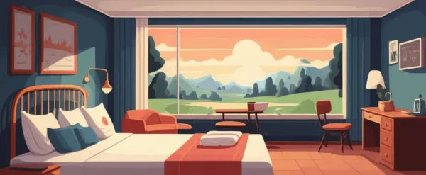 Illustration of a comfortable hotel room with a view